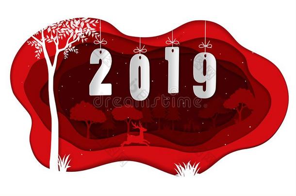 幸福的新的年2019和德尔斯采用w采用ter季节向红色的纸艺术