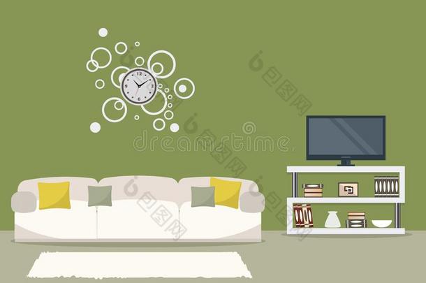 活的房间采用橄榄颜色和一白色的sof一