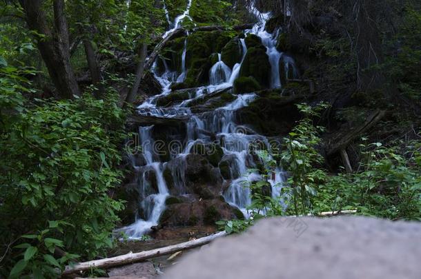 美国科罗拉多州山瀑布和签关于新鲜的绿色的风景