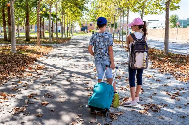 男孩和女孩讲话他/她/它们走向学校和他们的背包