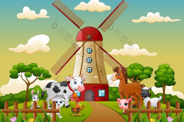 幸福的动物和风车建筑物背景