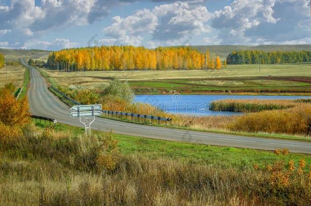 秋黄色的桦树森林和湖关于俄罗斯帝<strong>国风</strong>景优美的l和scape