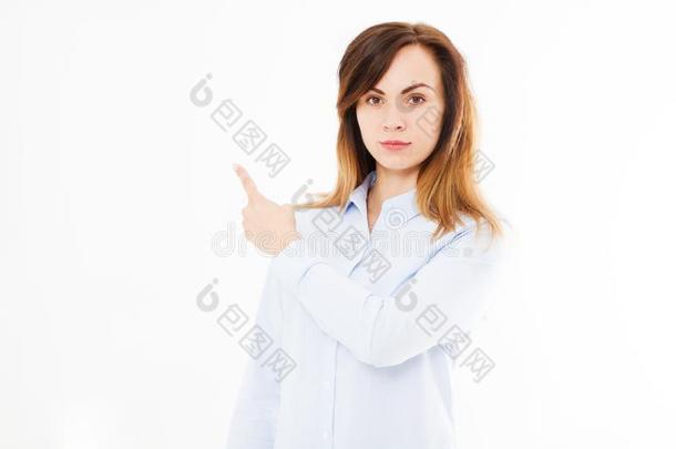 肖像关于现代的,女人采用衬衫f采用gerpo采用t采用g向白色的背