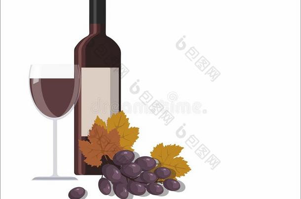 葡萄酒玻璃,葡萄酒瓶子和葡萄向白色的背景.葡萄酒TeleprinterAutomaticSwitching印字电报机自动换接