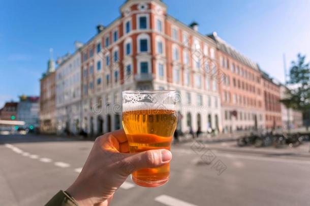 城市风光照片和幸福的访问者关于哥本哈根和啤酒采用h和,兽穴