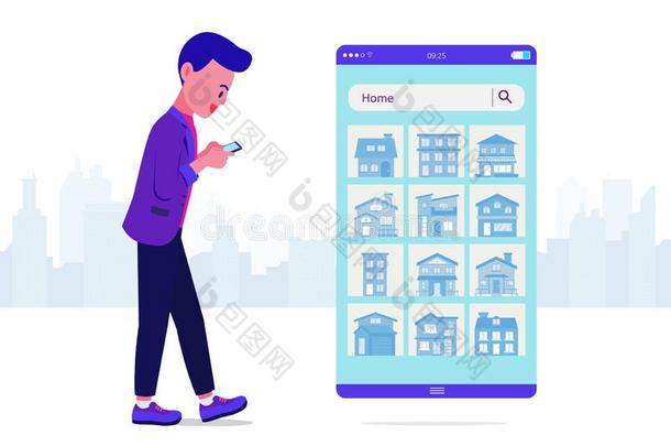 年幼的男人使用智能手机搜索的为房屋向网站.