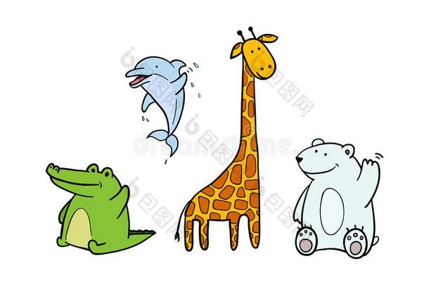 有色的<strong>矢量</strong>有趣的动物为<strong>动物园</strong>.鳄鱼,海豚,长颈鹿