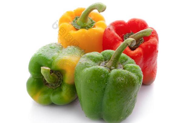 新鲜的绿色的,黄色的和红色的红辣椒辣椒属植物安努姆向一白色的