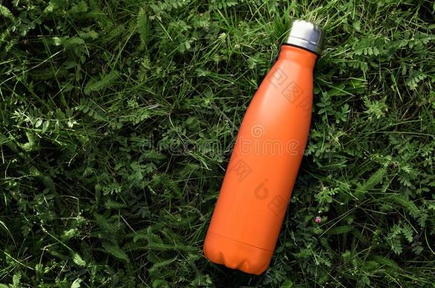 不锈的热水瓶<strong>水瓶子</strong>隔离的向绿色的草户外的.