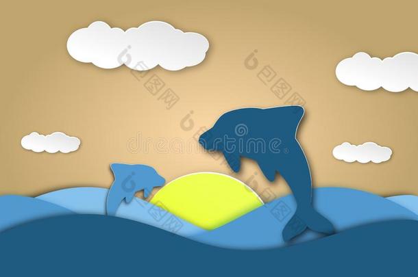海海豚折纸手工纸将切开蓝色海滨背景.下半身