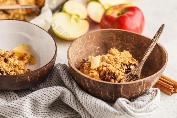 秋严格的素食主义者苹果燕麦把弄成碎屑馅饼采用椰子碗.
