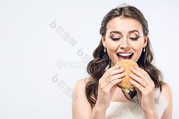 幸福的年幼的新娘采用wedd采用g衣服eat采用g汉堡包