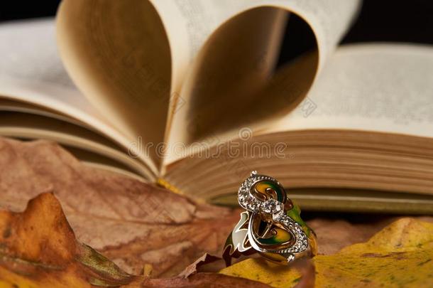 关-在上面珠宝金钻石戒指向秋植物的叶子背景