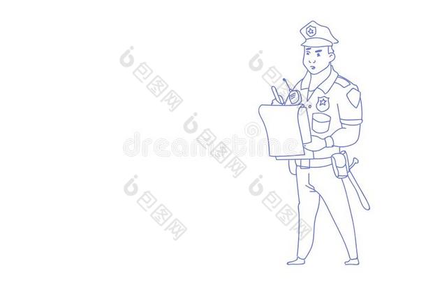 警察文字报告使人疲乏的制服警察警卫草图心不在焉地乱写乱画