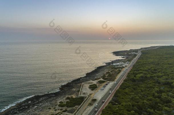 空气的日落海景画海岸线在近处卡斯凯什,葡萄牙