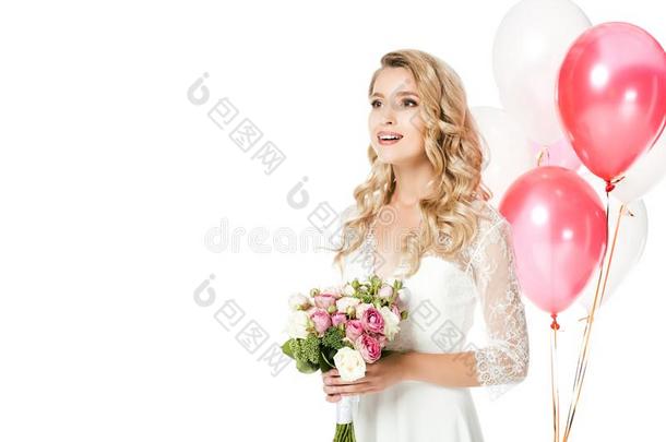 幸福的年幼的新娘和新婚的花束和天<strong>空气球</strong>