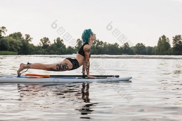 刺青女人和蓝色头发开业的瑜伽向桨叶式冲浪板采用