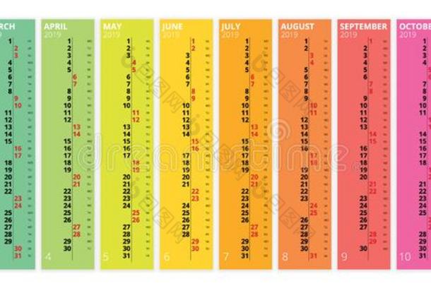 垂直的彩虹<strong>2019</strong>日历矢量,英语语言.<strong>2019</strong>Cana加拿大