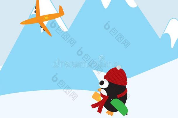 漂亮的企鹅和红色的无檐小便帽和围巾和绿色的手提箱看着