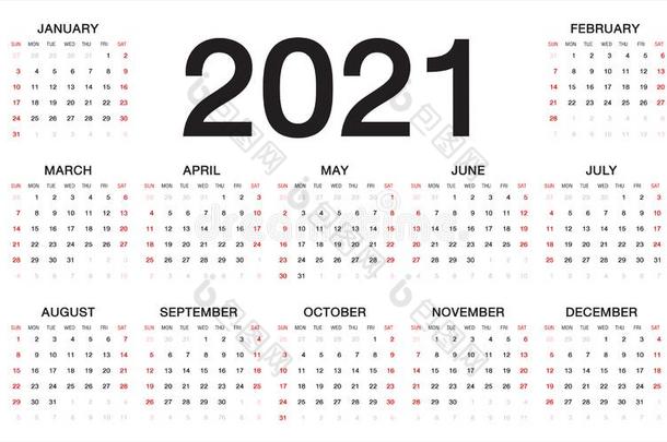 日历2021,一星期出发从星期日,商业样板