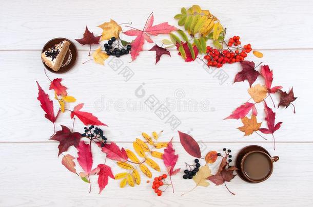 蛋糕,荚莲属的植物,黑的阿龙尼亚苦味果,红色的欧洲花楸,秋树叶和一
