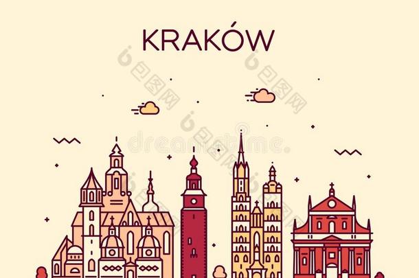 克拉科夫地平线,波兰.时髦的矢量直线的城市