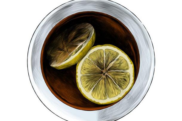 马克杯和黑的茶水和两个圆形的柠檬部分顶看法向马克杯