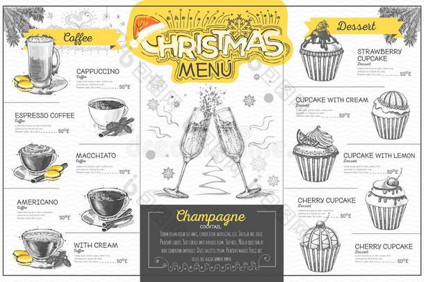 酿酒的假日圣诞节菜单设计和香槟酒.饭店
