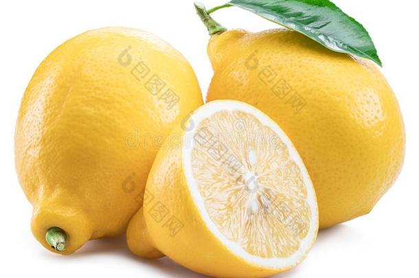 成熟的<strong>柠檬</strong>成果和<strong>柠檬叶子</strong>向指已提到的人白色的背景.