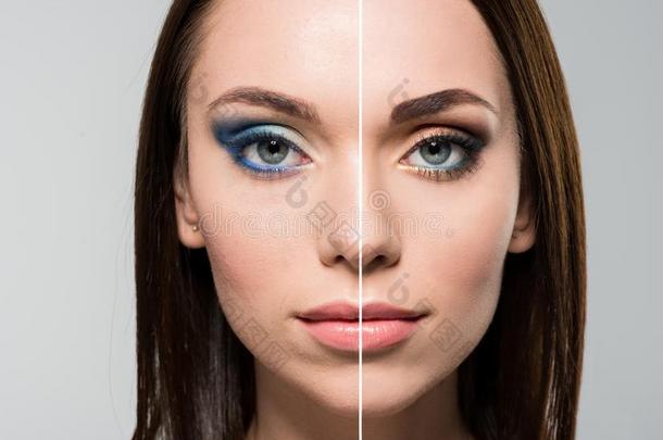 年幼的女人和不同的化妆向侧关于面容<strong>分割</strong>的和