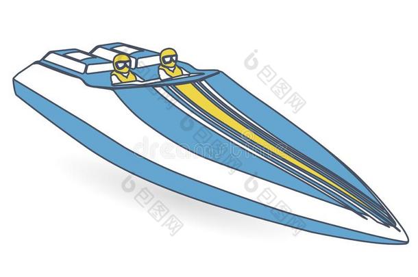 赛跑有关运动的小船.画出的轮廓蓝色黄色的motor小船,高级的斯皮尔博