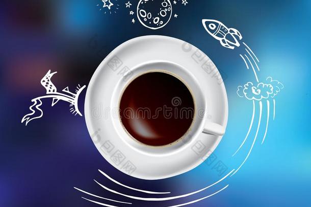 咖啡豆杯子观念-热的咖啡豆马克杯和空间和科学涂鸦