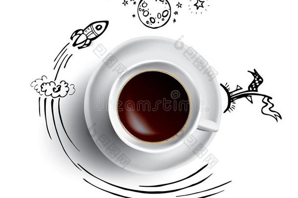咖啡豆杯子观念-热的咖啡豆马克杯和空间和科学涂鸦