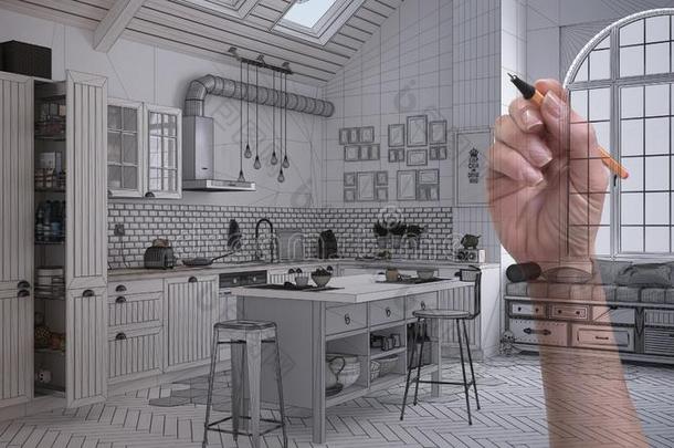 手绘画风俗现代的极简抽象艺术的白色的当代的厨房