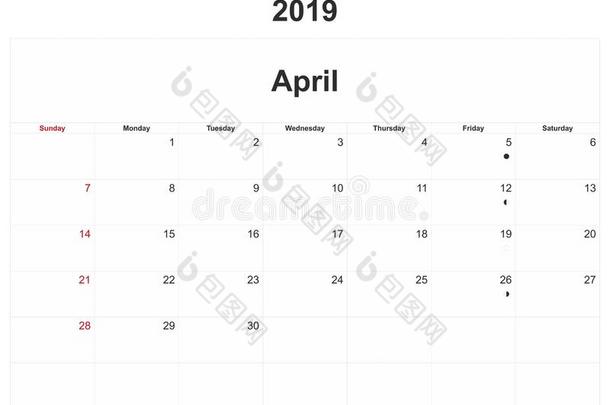2019<strong>每月</strong>的日历和白色的背景.