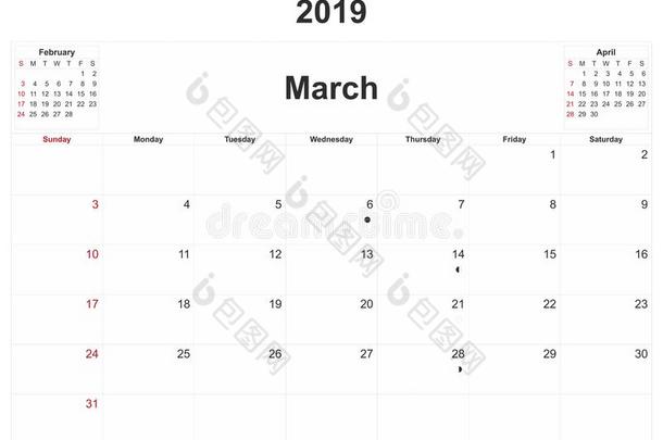 2019每月的日历和白色的背景.