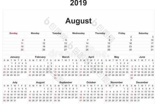 2019<strong>每月</strong>的日历和白色的背景.