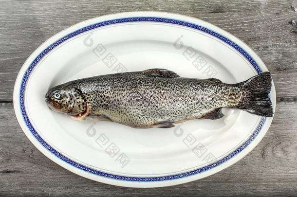 桌面看法-生的鲑鳟鱼鱼向酿酒的椭圆形的盘子和蓝色