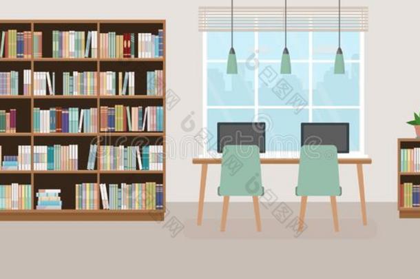 现代的图书馆空的内部和书橱,表,椅子和英语字母表的第3个字母