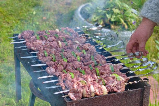 希什河烤腌羊肉串向指已提到的人烧烤向指已提到的人煤炭和向i向s和夏季产南瓜之一种.