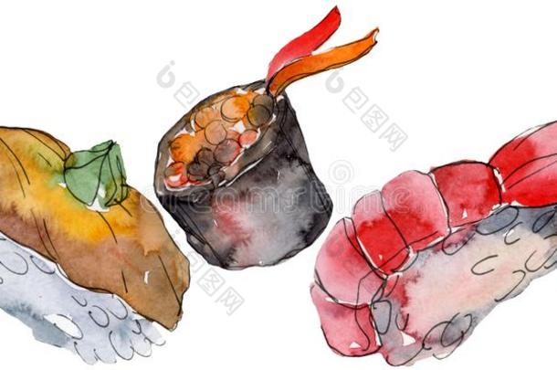 水彩寿司放置关于美丽的美味的日本人寿司illustrat