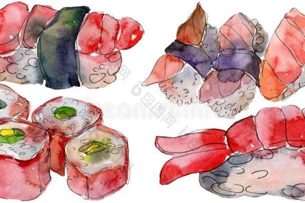 水彩寿司放置关于美丽的美味的日本人寿司illustrat