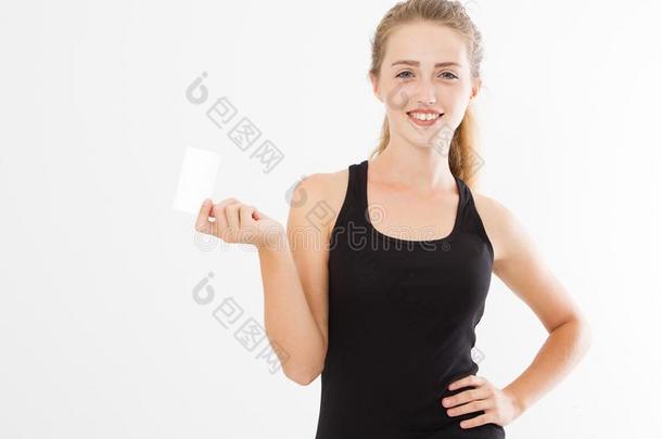 偶然的微笑女人展映商业卡片隔离的向白色的,蓝