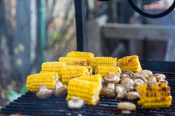 barbecue吃烤烧肉的野餐食用香草蘑菇和谷物烤的向烧烤