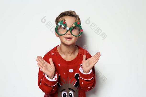 漂亮的小的男孩采用圣诞节毛衣和社交聚会眼镜