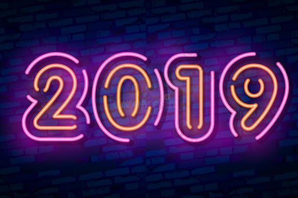 2019幸福的新的年氖文本.2019新的年设计样板为
