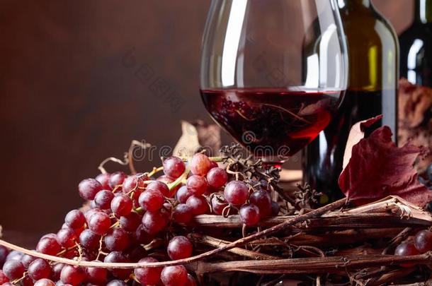 红色的葡萄酒和新鲜的葡萄和干燥的在上面<strong>藤树</strong>叶.