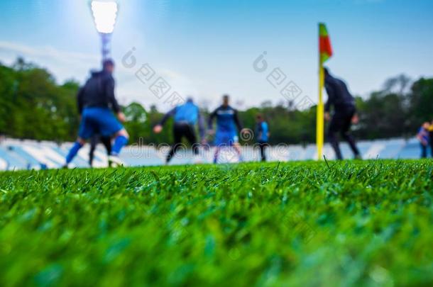 训练足球演员向足球运动场.绿色的草在在前部的