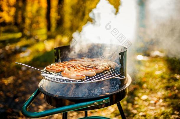barbecue吃烤烧肉的野餐和激烈的腊肠向指已提到的人烧烤