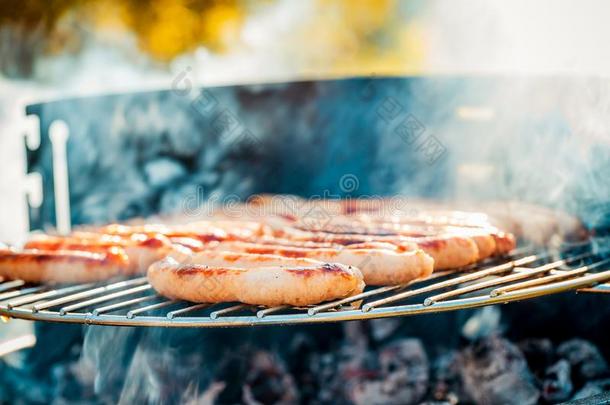 barbecue吃烤烧肉的野餐和激烈的腊肠向指已提到的人烧烤